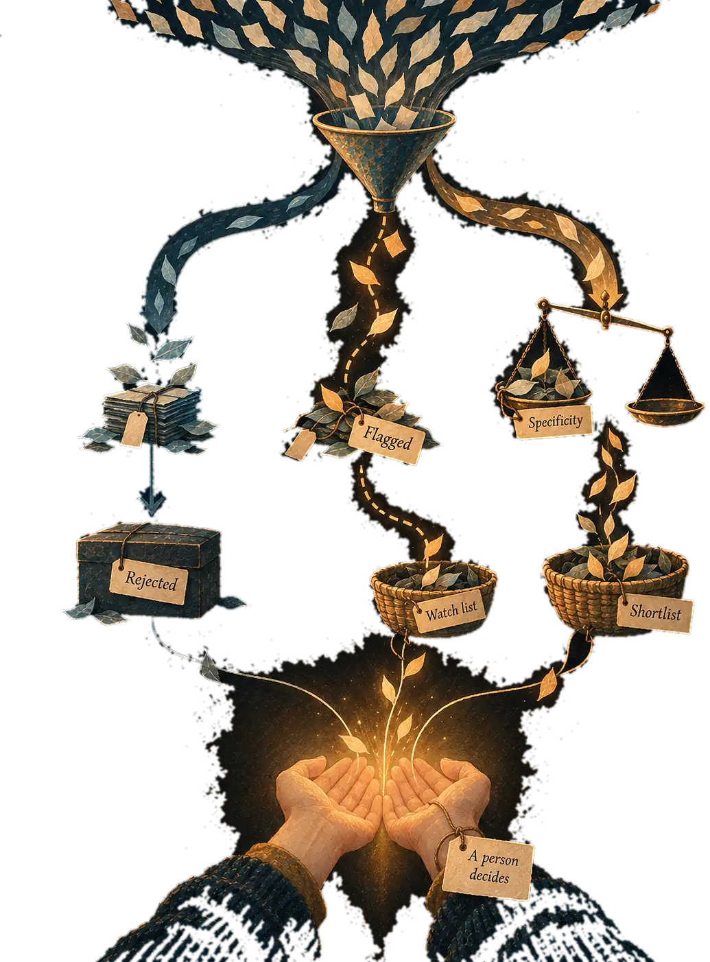 The screening process drawn as one picture. Leaves pour into a funnel and split three ways: a bundle tagged Rejected into a closed box, a smaller group tagged Flagged, and the rest onto a balance scale tagged Specificity. The flagged leaves fall into a Watch list basket and the weighed ones into a Shortlist basket. Both baskets lead down to a pair of open, lamp-lit hands tagged A person decides.