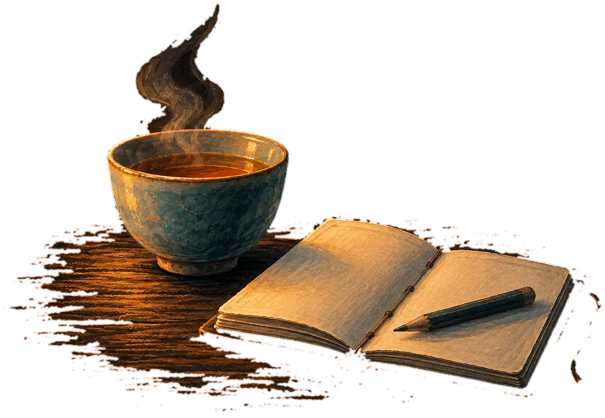A full cup with steam rising, beside an open notebook