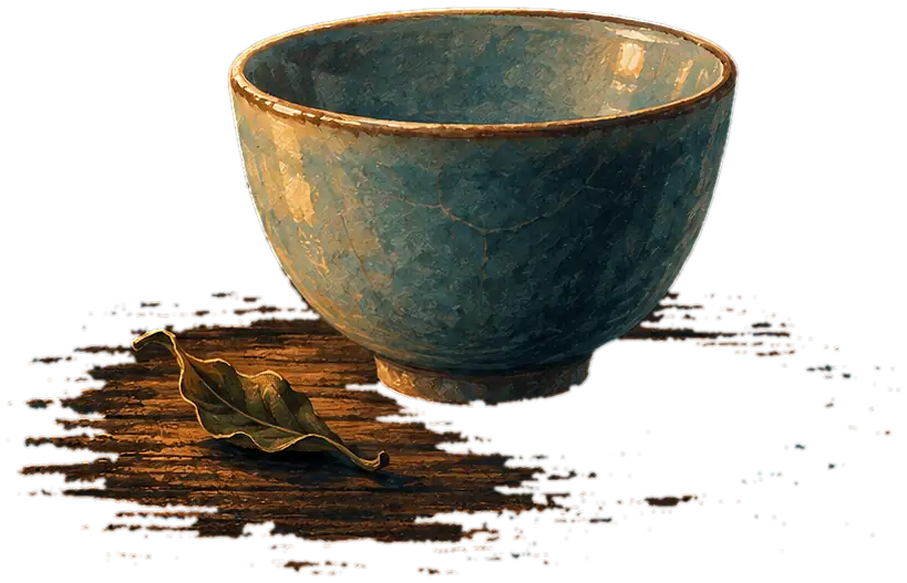An empty tea cup with one dry leaf beside it